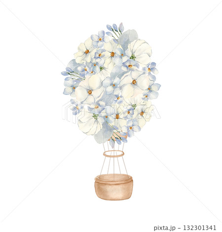 Sky balloon with little blue flowers and white cosmos watercolor illustration isolated background. Aircraft of botanical elements pastel colors hand drawn. Drawing for birthday card, nursery wallpaper 132301341