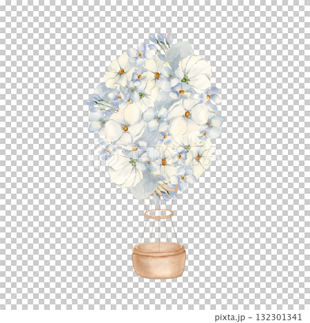 Sky balloon with little blue flowers and white cosmos watercolor illustration isolated background. Aircraft of botanical elements pastel colors hand drawn. Drawing for birthday card, nursery wallpaper 132301341