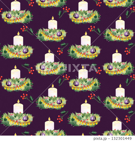 Candles, pine branches, holly berries, baubles, watercolor seamless Christmas pattern on dark background. Ideal for wrapping paper, fabric, festive backgrounds, holiday crafts, invitations, table 132301449