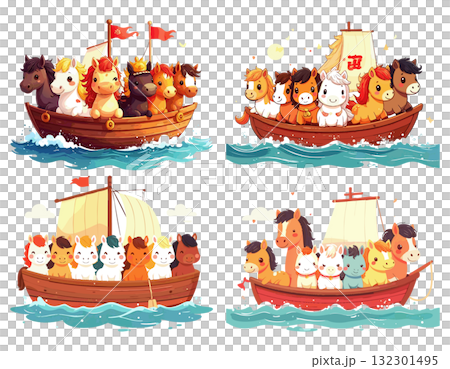 船上一組可愛的馬匹插圖 132301495