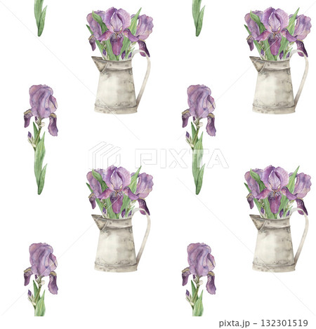 Seamless pattern with purple, delicate lilac irises and a bouquet in a vintage metal jug. The watercolor illustration is hand-drawn in a botanical style, in pastel shades. For textiles and wallpaper 132301519