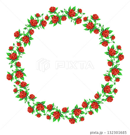 Round wreath frame of red roses with green leaves 132301685