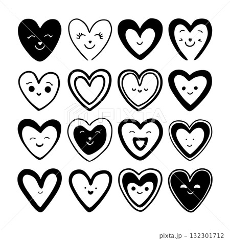 Fun and playful collection of heart characters with smiling faces on a white background Fun and playful collection of heart characters with smiling faces on a white background 132301712