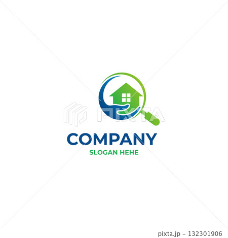 Modern Real Estate Logo with House and Magnifying Glass Icon 132301906