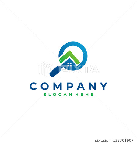 Modern Real Estate Logo Design with Magnifying Glass and House Icon Modern Real Estate Logo Design with Magnifying Glass and House Icon 132301907