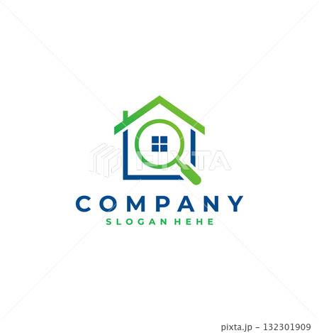 Modern Real Estate Logo with House and Magnifying Glass Icon 132301909