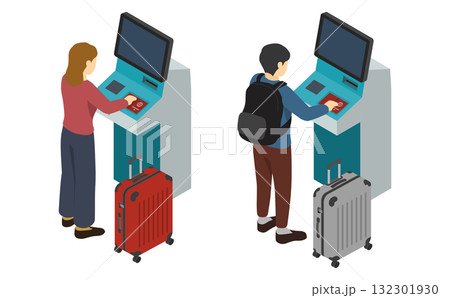 アイソメトリックイラスト：空港チェックイン機 132301930