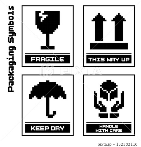 Pixel Packaging Symbols Set Fragile, This Way Up, Keep Dry, Handle with Care Icons 132302110