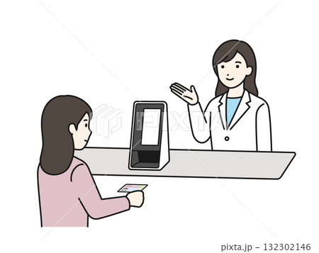 マイナンバーカード保険証受付を案内する薬剤師 132302146