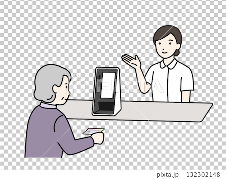 マイナンバーカード保険証受付を案内する看護師	 132302148