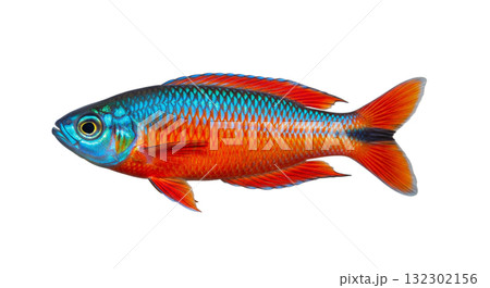 Boeseman's Rainbowfish showcases its striking blue and orange colors, gracefully swimming in transparent water. This exotic fish is native to freshwater habitats. 132302156