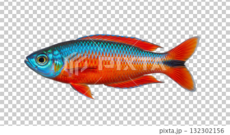Boeseman's Rainbowfish showcases its striking blue and orange colors, gracefully swimming in transparent water. This exotic fish is native to freshwater habitats. 132302156