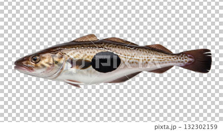 Haddock fish, known for its unique dark blotch, is presented on a transparent background. This species is commonly found in the North Atlantic Ocean and is popular in culinary dishes. Haddock fish, known for its unique dark blotch, is presented on a transparent background. This species is commonly found in the North Atlantic Ocean and is popular in culinary dishes. 132302159