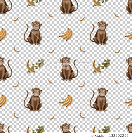 Seamless Pattern with Safari Animals - Monkey and bananas - on Transparent Background 132302295
