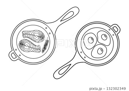 Salmon Steak with Rosemary Sprig and Fried Eggs in Skilled Sticker Icon Pictogram Minimal Design Set 132302349
