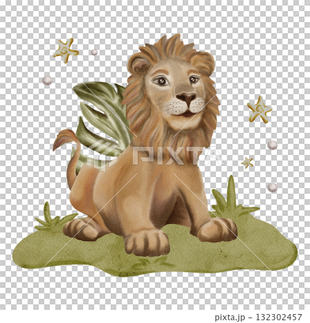 Lion and Monstera / Safari Animals / Wildlife - Watercolor Digital Illustration Lion and Monstera / Safari Animals / Wildlife - Watercolor Digital Illustration 132302457