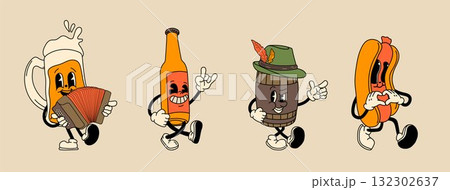 Set of retro Beer, Hot Dog mascot character. 40s, 50s, 60s old animation style. Oktoberfest mascot	 132302637