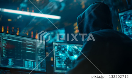 Hacker cybersecurity dark room computer screen code technology data breach digital crime anonymous night 132302713