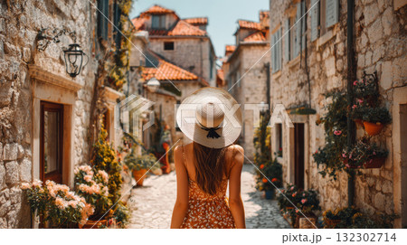 Woman in summer dress and wide brimmed hat walking through charming old stone street with flowers, feeling relaxed and joyful 132302714