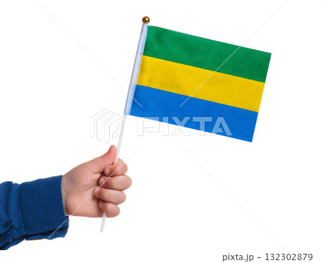 子供の手が小さなガボンの国旗を持っている。 132302879