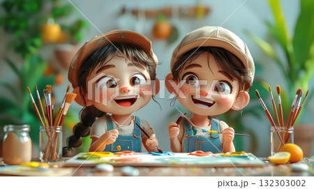Cute cartoon children's painting together happily kids white background colorful hand drawn style. 132303002