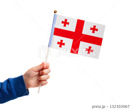 子供の手が小さなジョージアの国旗を持っている。 132303067