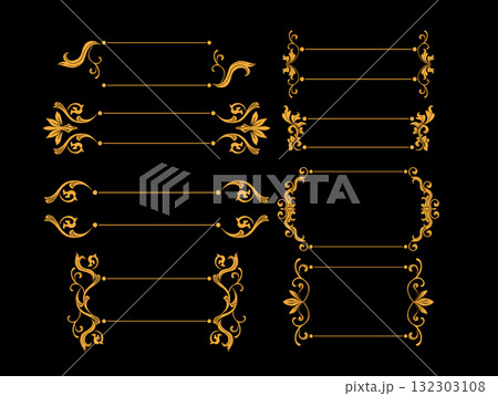 Gold Floral Flourishes Frames, Golden Flower Swirl and Traditional Plant Border Ornaments in Baroque or Victorian Style, Isolated Vector Royal Embellishment, Wedding Arrangements Set, Black Background 132303108