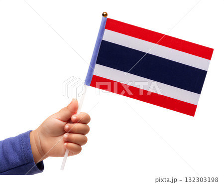 子供の手が小さなタイの国旗を持っている。 132303198