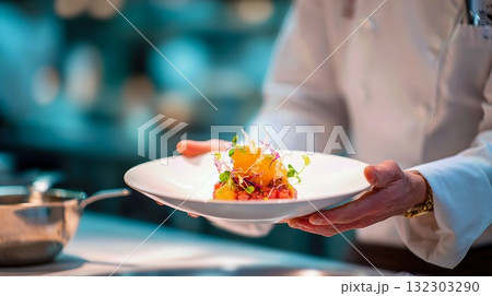A chef's hands delicately present a beautifully plated gourmet dish, showcasing culinary artistry and fine dining. Ideal for food, restaurant, and gourmet themes A chef's hands delicately present a beautifully plated gourmet dish, showcasing culinary artistry and fine dining. Ideal for food, restaurant, and gourmet themes 132303290