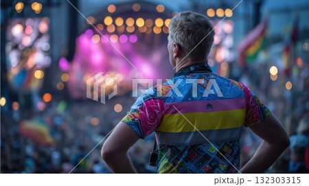 Man with back to camera, wearing a vibrant patterned shirt, enjoys a lively music concert with a blurred stage and lights Man with back to camera, wearing a vibrant patterned shirt, enjoys a lively music concert with a blurred stage and lights 132303315