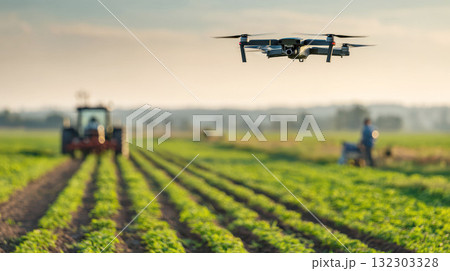 A modern drone flying over an agricultural field. An unmanned aerial vehicle surveying crops on a farm with a tractor in the blurred background A modern drone flying over an agricultural field. An unmanned aerial vehicle surveying crops on a farm with a tractor in the blurred background 132303328