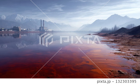Industrial pollution landscape showing factory smokestacks reflected in contaminated red water lake with dramatic mountain backdrop highlighting environmental damage and climate change 132303395