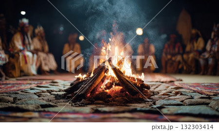 Traditional campfire burning brightly on ornate carpet with blurred people gathering around in atmospheric evening setting 132303414