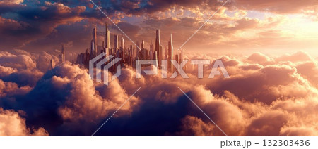 Futuristic city skyline emerging through golden clouds at sunset with towering skyscrapers reaching toward dramatic orange sky 132303436