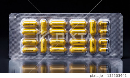 Golden pharmaceutical capsules in clear blister pack, medicine pills arranged in organized rows for healthcare and treatment 132303441