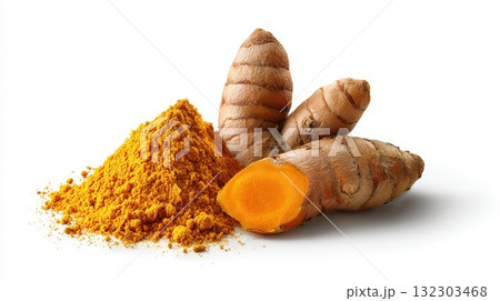 Fresh turmeric root and golden turmeric powder spice on white background, showcasing natural anti-inflammatory superfood ingredient 132303468