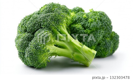 Fresh green broccoli florets with detailed texture on white background, healthy vegetable ingredient rich in vitamins and nutrients for cooking 132303478