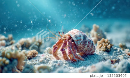 Colorful hermit crab with striped shell crawling on sandy ocean floor in crystal clear turquoise underwater marine environment with coral reef background 132303495