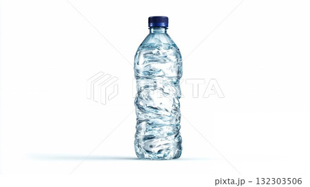 Clear plastic water bottle with blue cap filled with fresh drinking water isolated on white background for hydration health beverage packaging and refreshment concepts 132303506