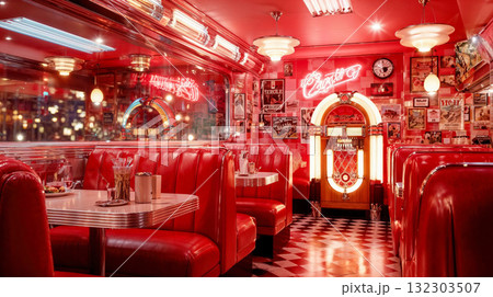 Vibrant retro American diner interior with red leather booths, checkered floor, vintage jukebox, neon signs, and nostalgic 1950s atmosphere 132303507