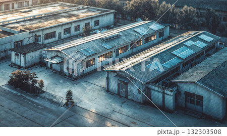 Aerial view of abandoned industrial warehouse complex with corrugated metal roofs, concrete buildings, and weathered architecture in blue tones Aerial view of abandoned industrial warehouse complex with corrugated metal roofs, concrete buildings, and weathered architecture in blue tones 132303508