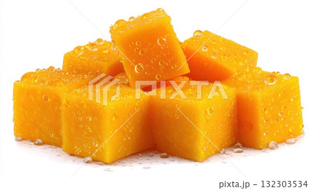 Pile of fresh golden yellow mango cubes with water droplets on white background, juicy tropical fruit pieces perfect for smoothies, desserts and healthy snacks 132303534