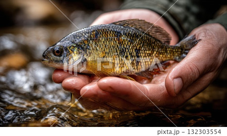 Fisherman hands holding freshly caught colorful river fish with golden scales in natural stream habitat, sustainable fishing and aquatic wildlife conservation concept Fisherman hands holding freshly caught colorful river fish with golden scales in natural stream habitat, sustainable fishing and aquatic wildlife conservation concept 132303554