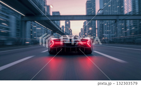 Red futuristic supercar speeding through modern city highway at dusk with glowing taillights and motion blur against towering skyscrapers Red futuristic supercar speeding through modern city highway at dusk with glowing taillights and motion blur against towering skyscrapers 132303579
