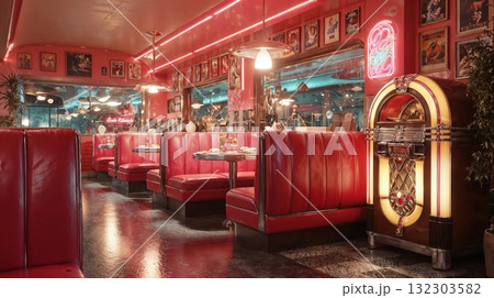 Retro American diner interior with red leather booths, vintage jukebox, neon signs, and nostalgic decor creating classic fifties atmosphere 132303582