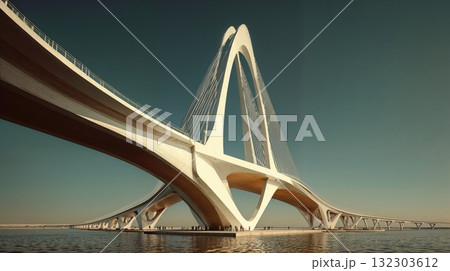 Modern architectural bridge with dramatic curved white pylons and cable stays spanning water at sunset with stunning design Modern architectural bridge with dramatic curved white pylons and cable stays spanning water at sunset with stunning design 132303612