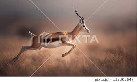 Springbok antelope leaping gracefully through golden grassland during sunset, showcasing athletic jumping ability and elegant movement in natural habitat 132303647