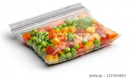 Colorful frozen mixed vegetables including peas, corn, carrots, and broccoli in resealable plastic freezer bag on white background 132303663