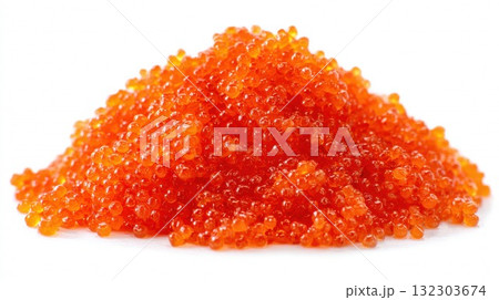 Heap of bright orange red salmon caviar roe on white background, luxury gourmet seafood ingredient and delicacy 132303674