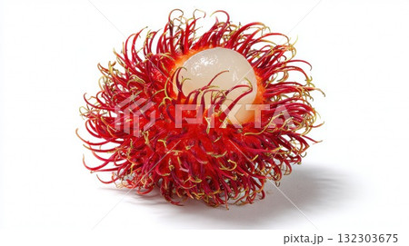 Rambutan tropical fruit with spiky red hair exterior and translucent white flesh exposed, exotic Southeast Asian produce on white Rambutan tropical fruit with spiky red hair exterior and translucent white flesh exposed, exotic Southeast Asian produce on white 132303675